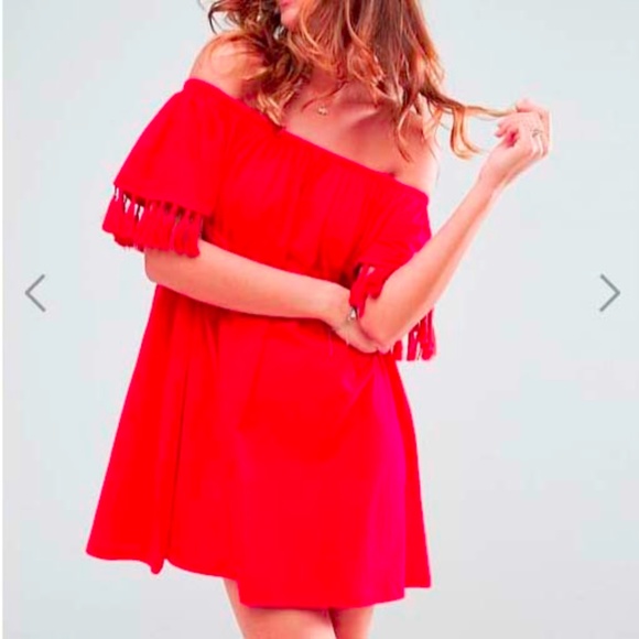 ASOS Dresses & Skirts - Asos Size 4 Off the Shoulder Tassel Mini Dress Red